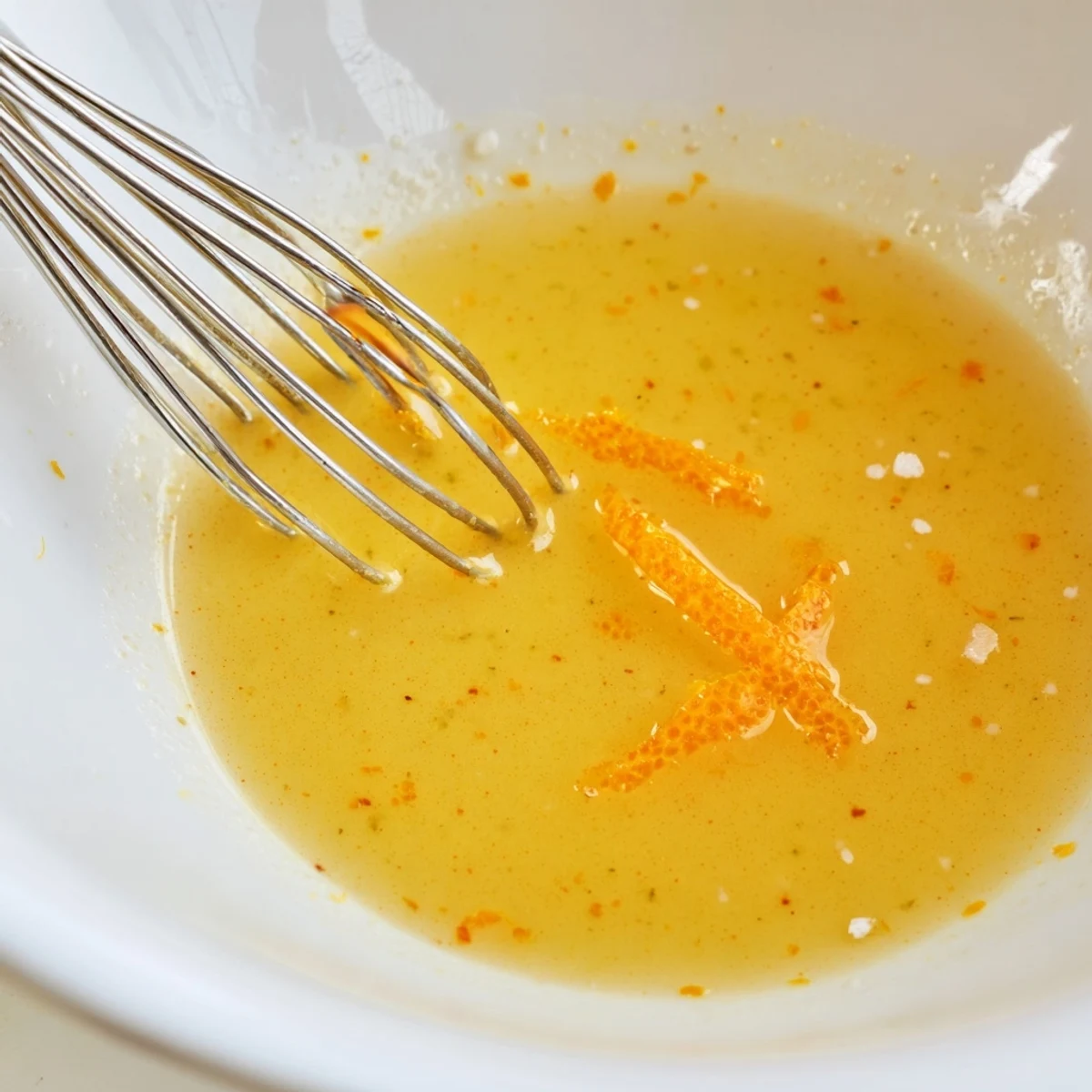 Bright Orange Vinaigrette drizzling over mixed greens, citrus scent and glossy sheen