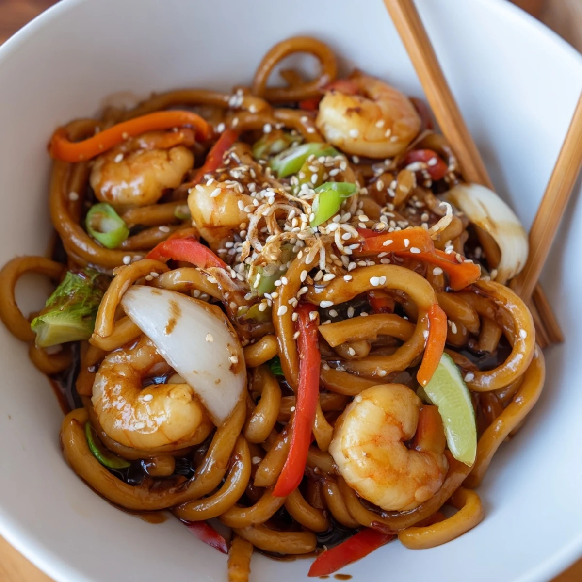 Savory Shrimp Yaki Udon Delight sizzling in wok with sesame and scallions