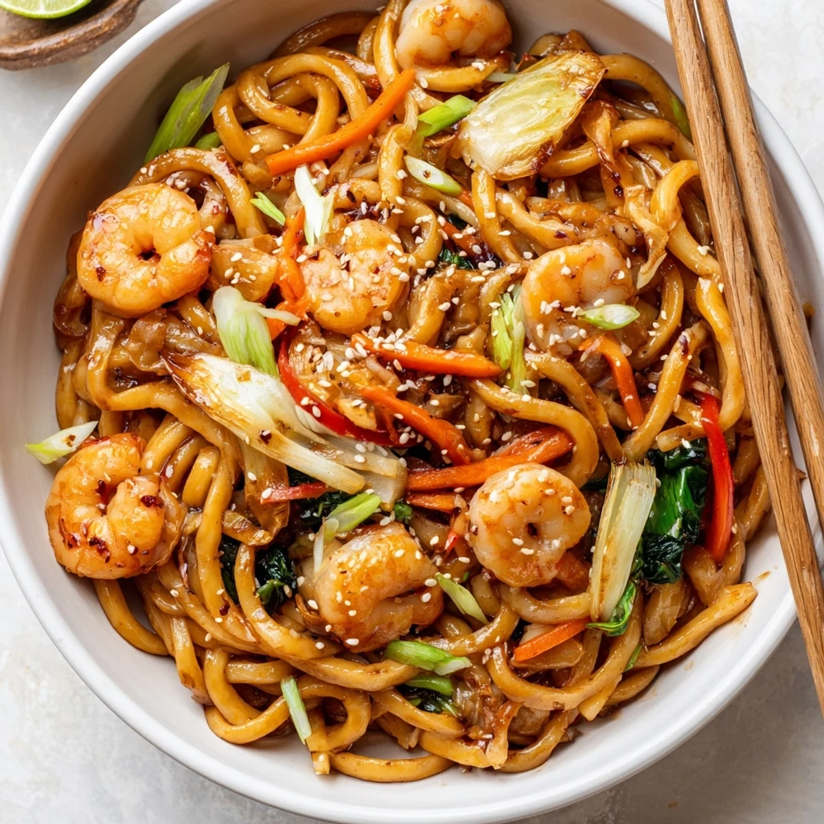 Pan-tossed Savory Shrimp Yaki Udon Delight with crisp veggies and lime