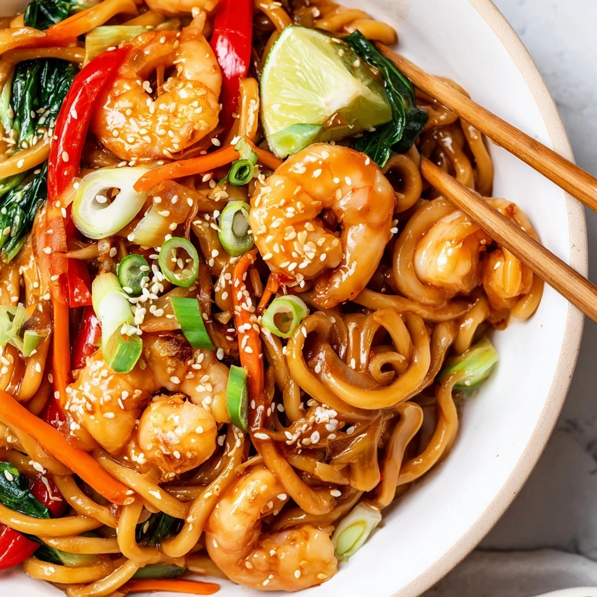 Savory Shrimp Yaki Udon Delight glistening in umami sauce, ready to serve