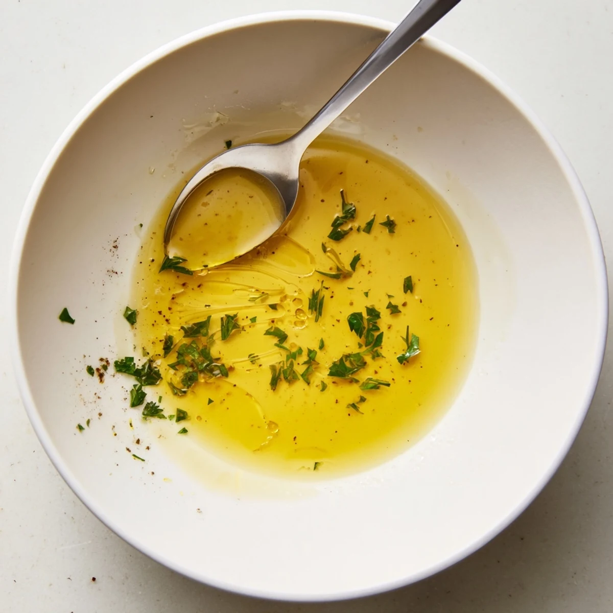 Small bowl of Homemade Vinaigrette Dressing with whisk, bright citrus hint
