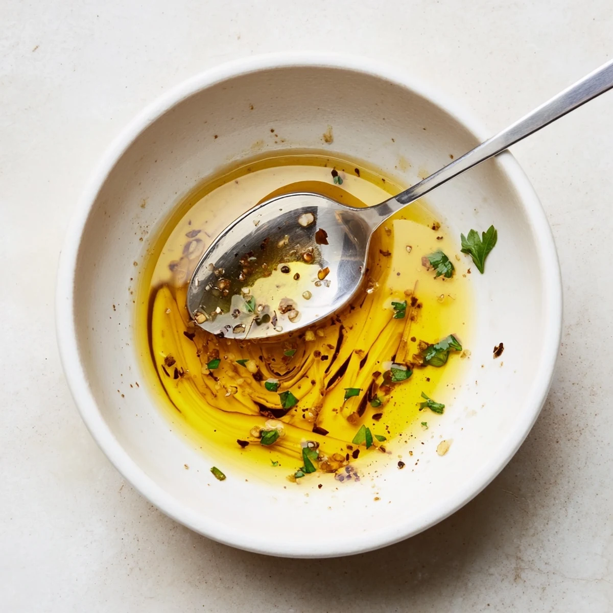 Drizzled Homemade Vinaigrette Dressing over mixed greens, glossy, mustard flecks