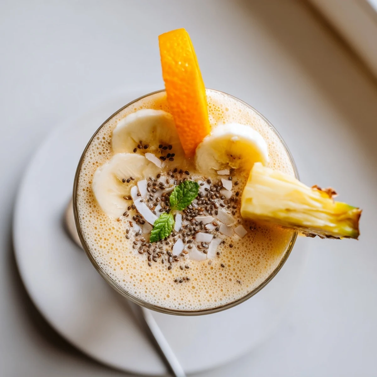 Chilled Pineapple Orange Smoothie garnished with mint, creamy banana notes