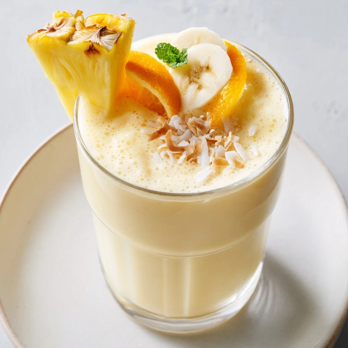 Pineapple Orange Smoothie in clear glass, frothy texture and bright tropical aroma