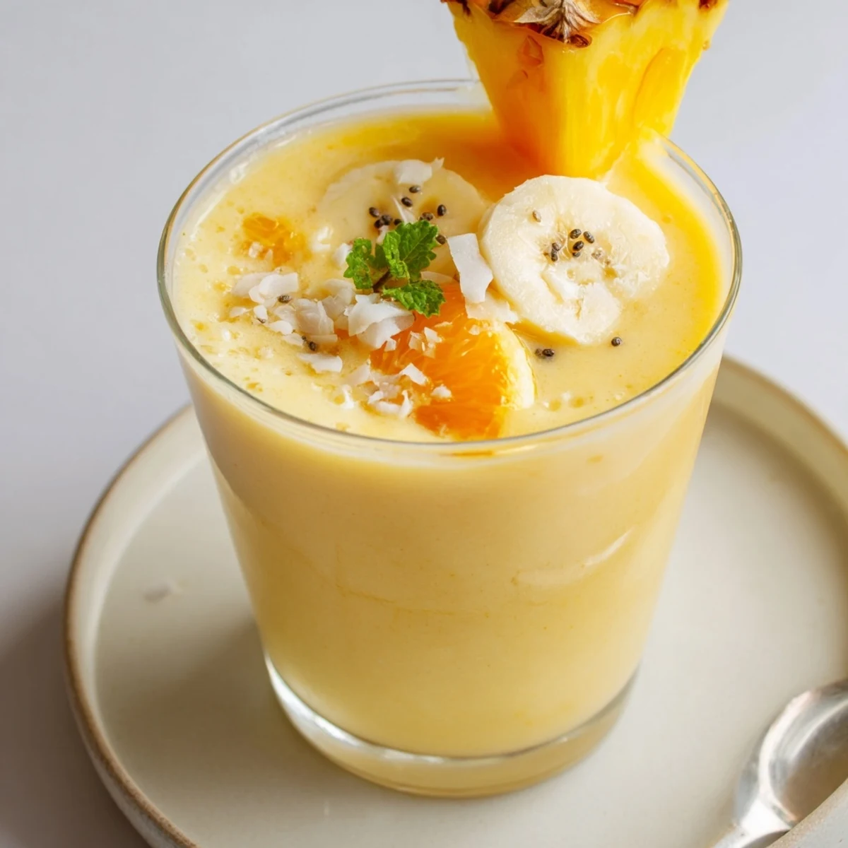 Breakfast-ready Pineapple Orange Smoothie served with coconut water, icy froth