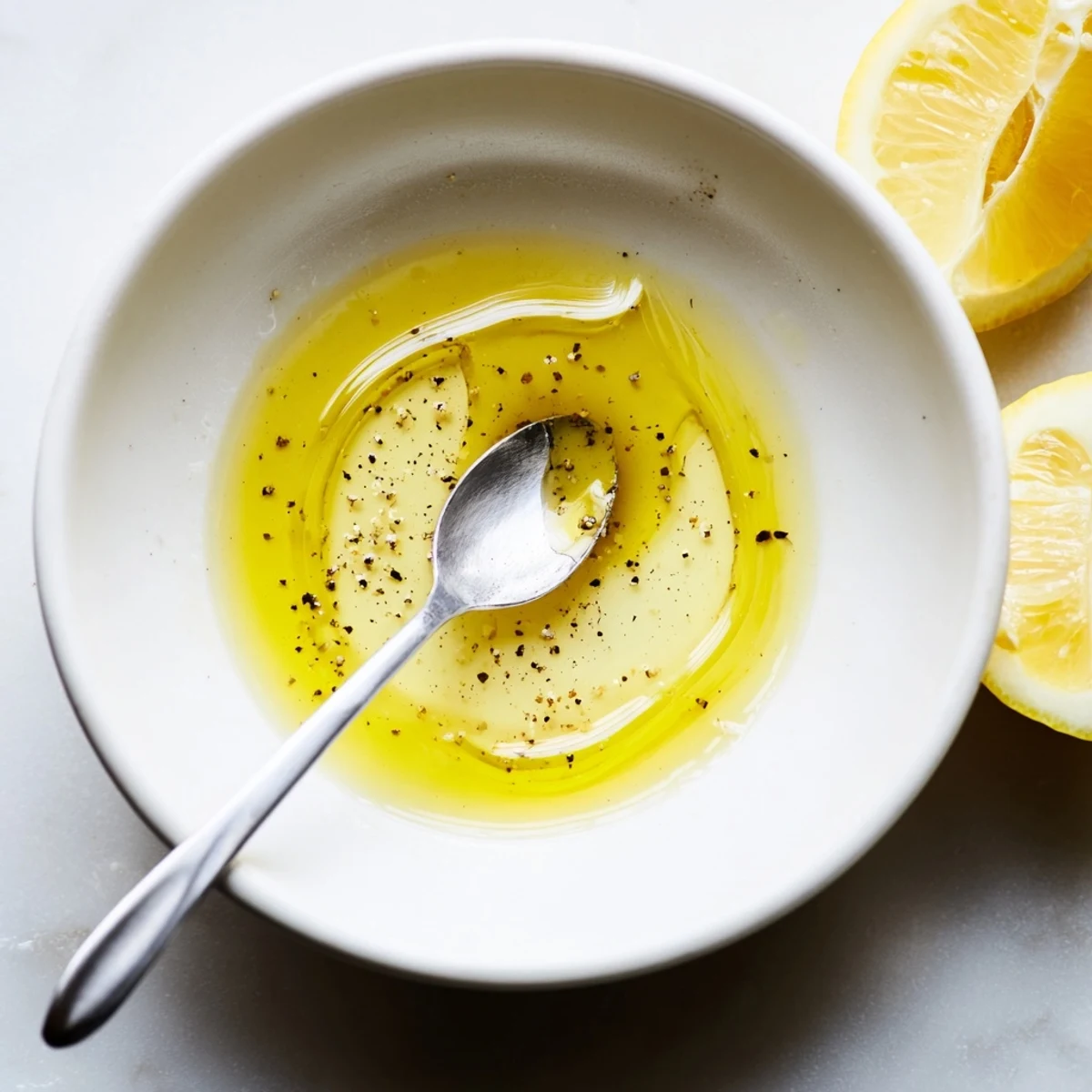 Jar of Ina Garten Lemon Vinaigrette Dressing glistening, golden yellow, drizzled over greens.