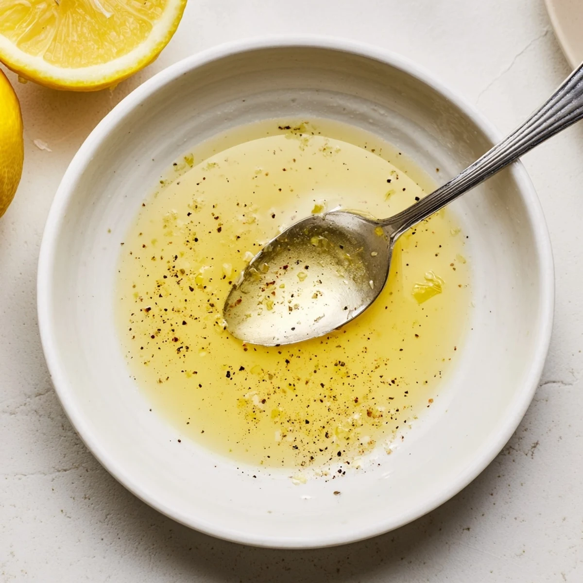 Silky emulsified Ina Garten Lemon Vinaigrette Dressing beside whisk and halved lemons.