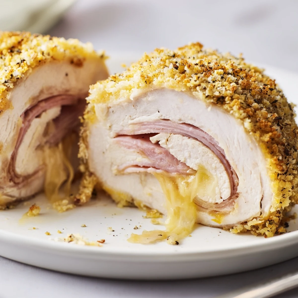 Golden Crispy Chicken Cordon Bleu Delight sliced, oozing melted Swiss, served hot  
