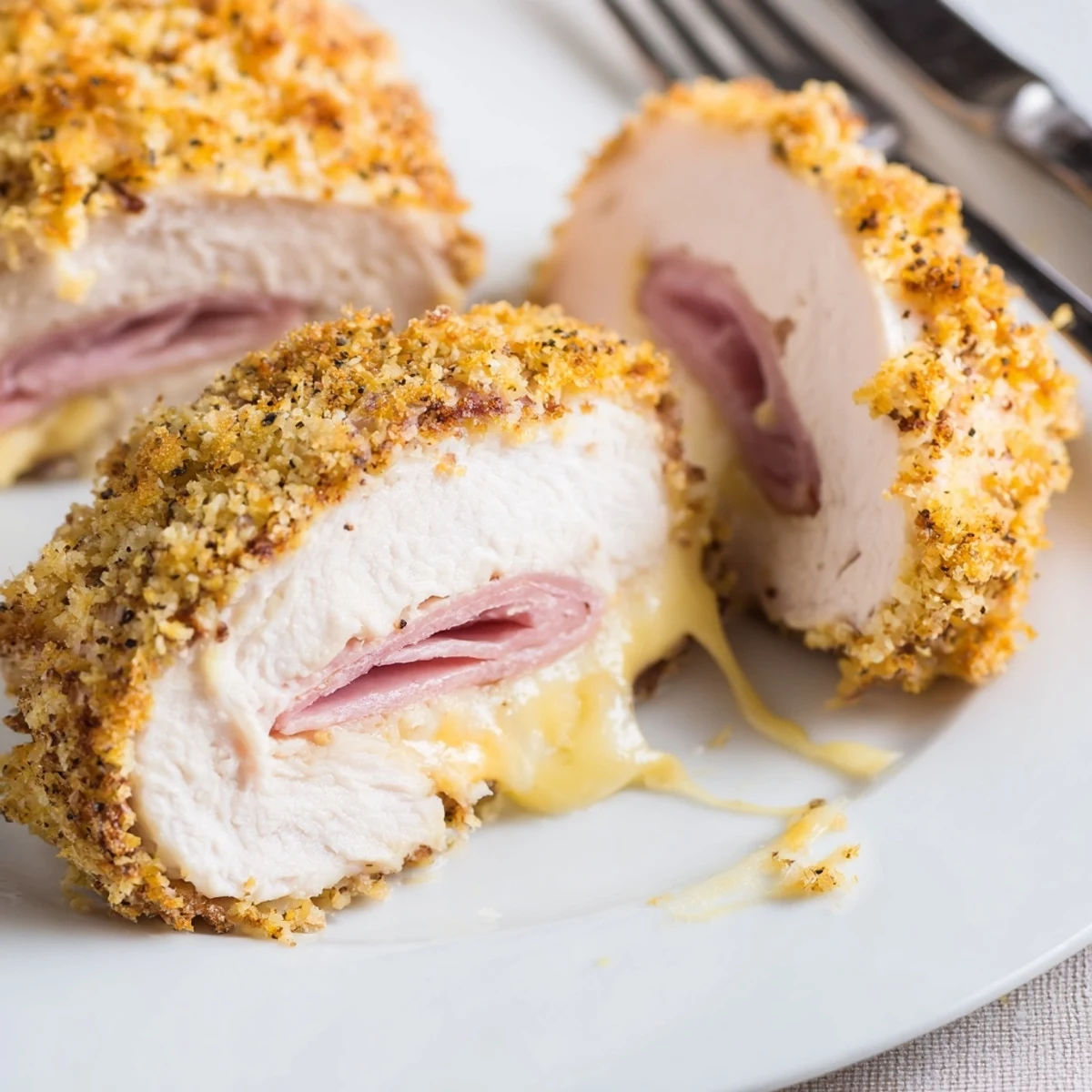 Golden Crispy Chicken Cordon Bleu Delight seared, baked, plated beside creamy mashed potatoes