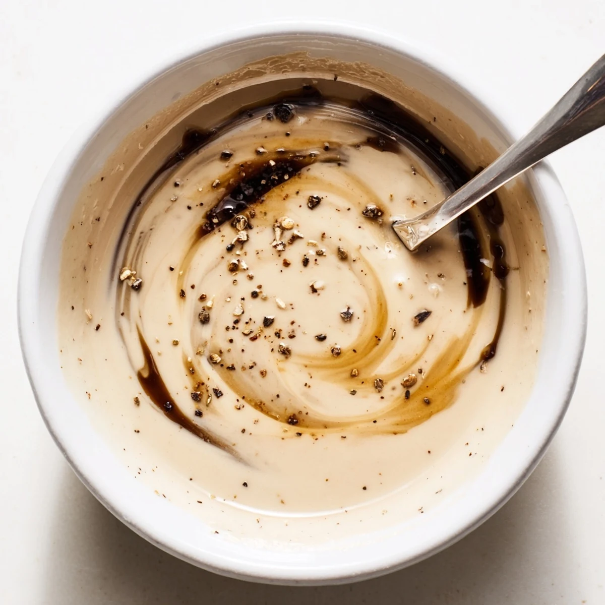 Homemade Creamy Balsamic Vinaigrette drizzled over mixed greens and grilled veggies.