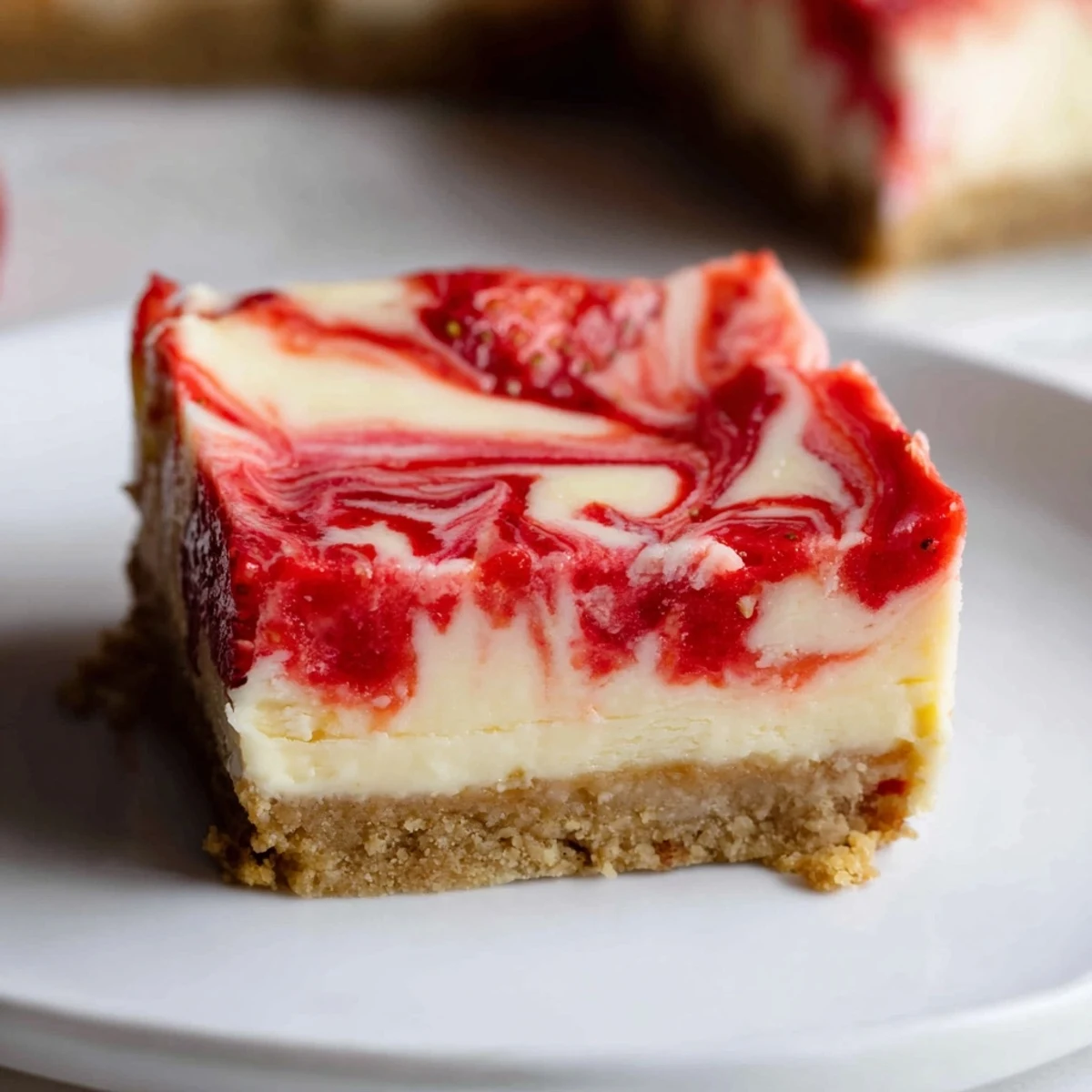 Freshly chilled Irresistible Strawberry Swirl Cheesecake Bars cut into creamy squares.