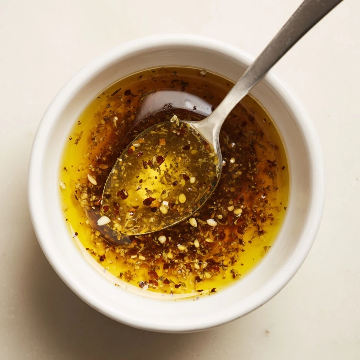 Italian Vinaigrette glistening on mixed greens, garlic aroma and zesty tang
