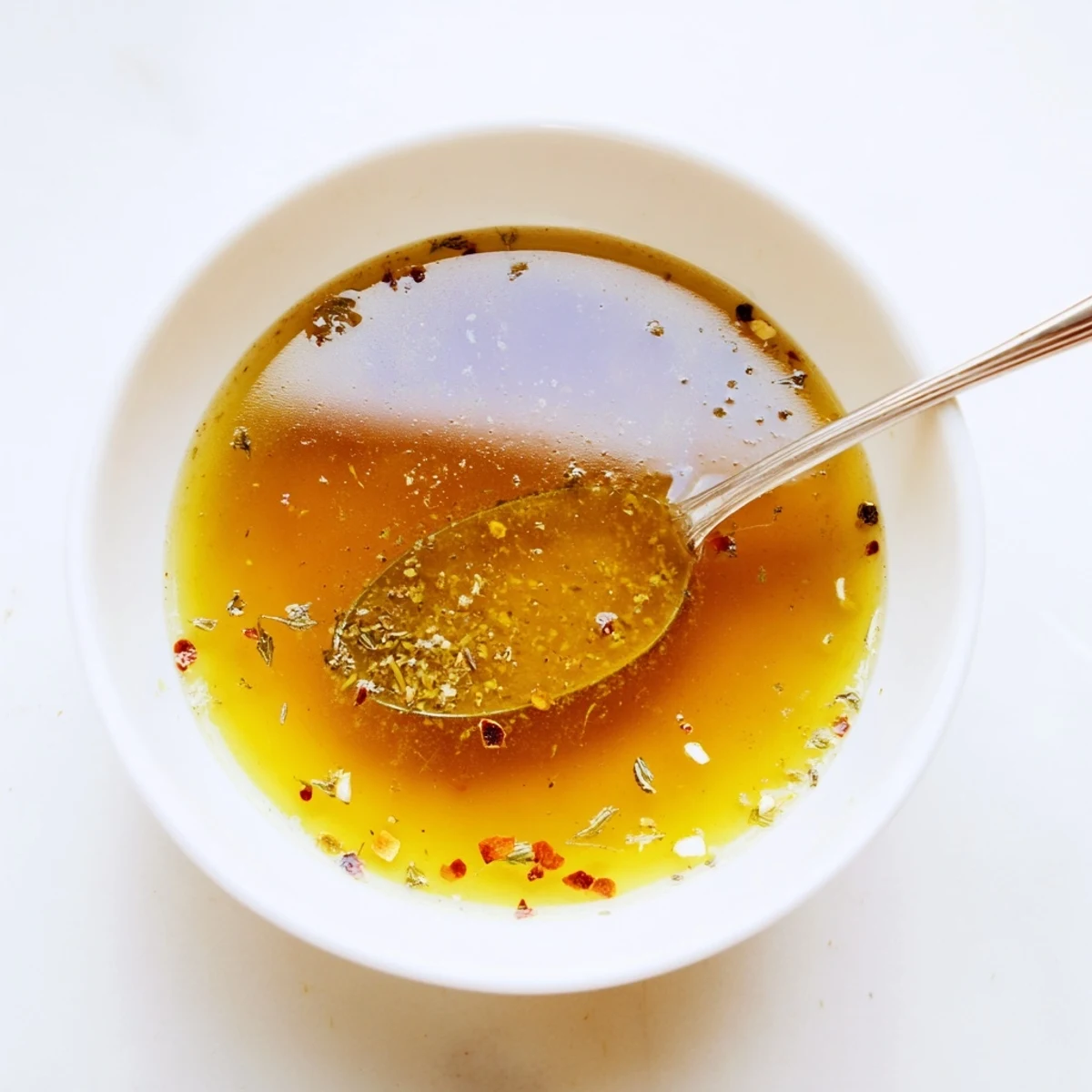 Homemade Italian Vinaigrette in jar, herb flecks visible, ready for marinating