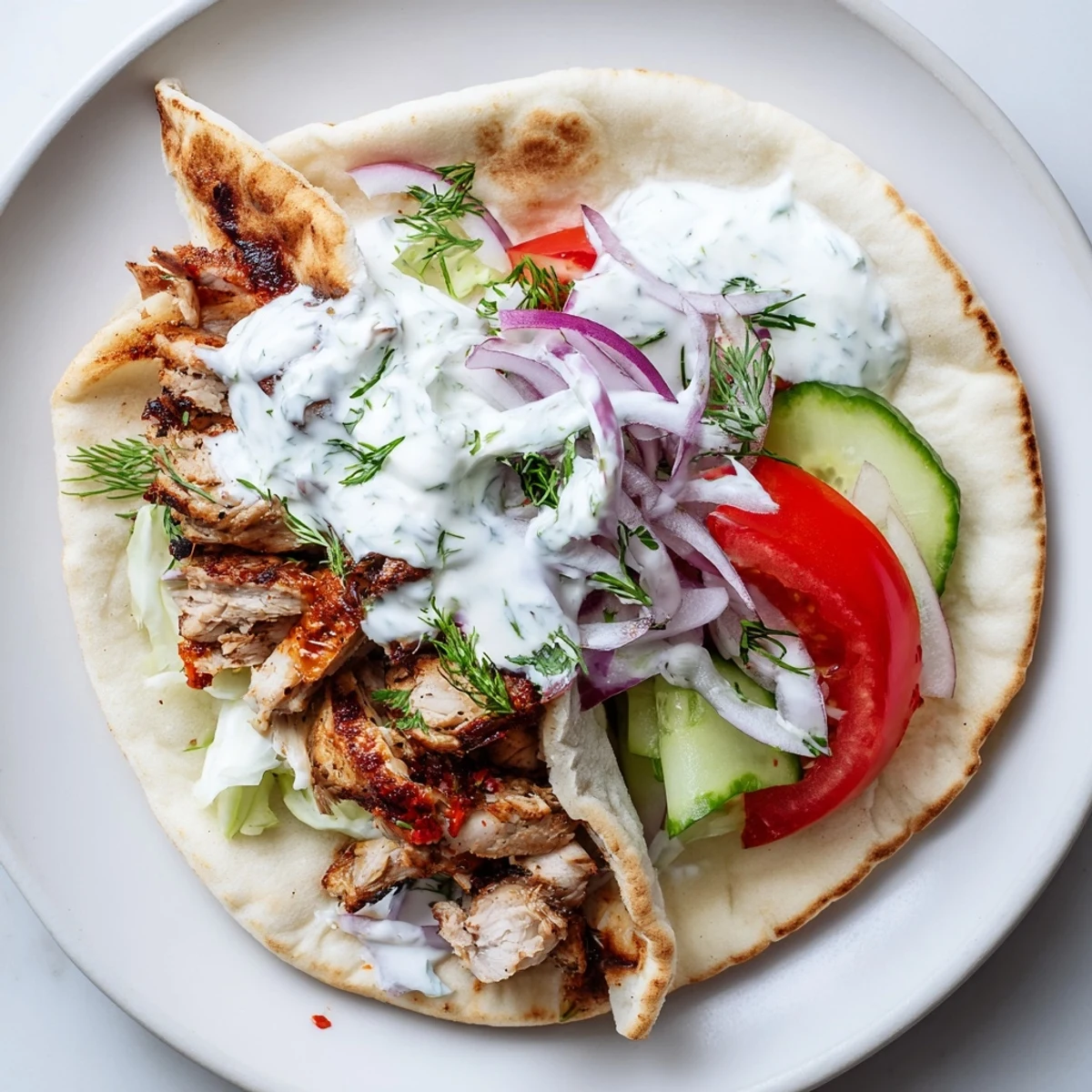 Savory Grilled Chicken Gyros With Creamy Garlic Sauce juicy charred slices, soft pita