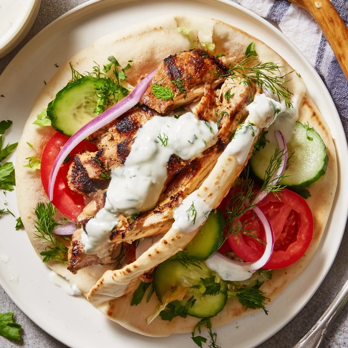 Savory Grilled Chicken Gyros With Creamy Garlic Sauce drizzled over crisp vegetables and herbs