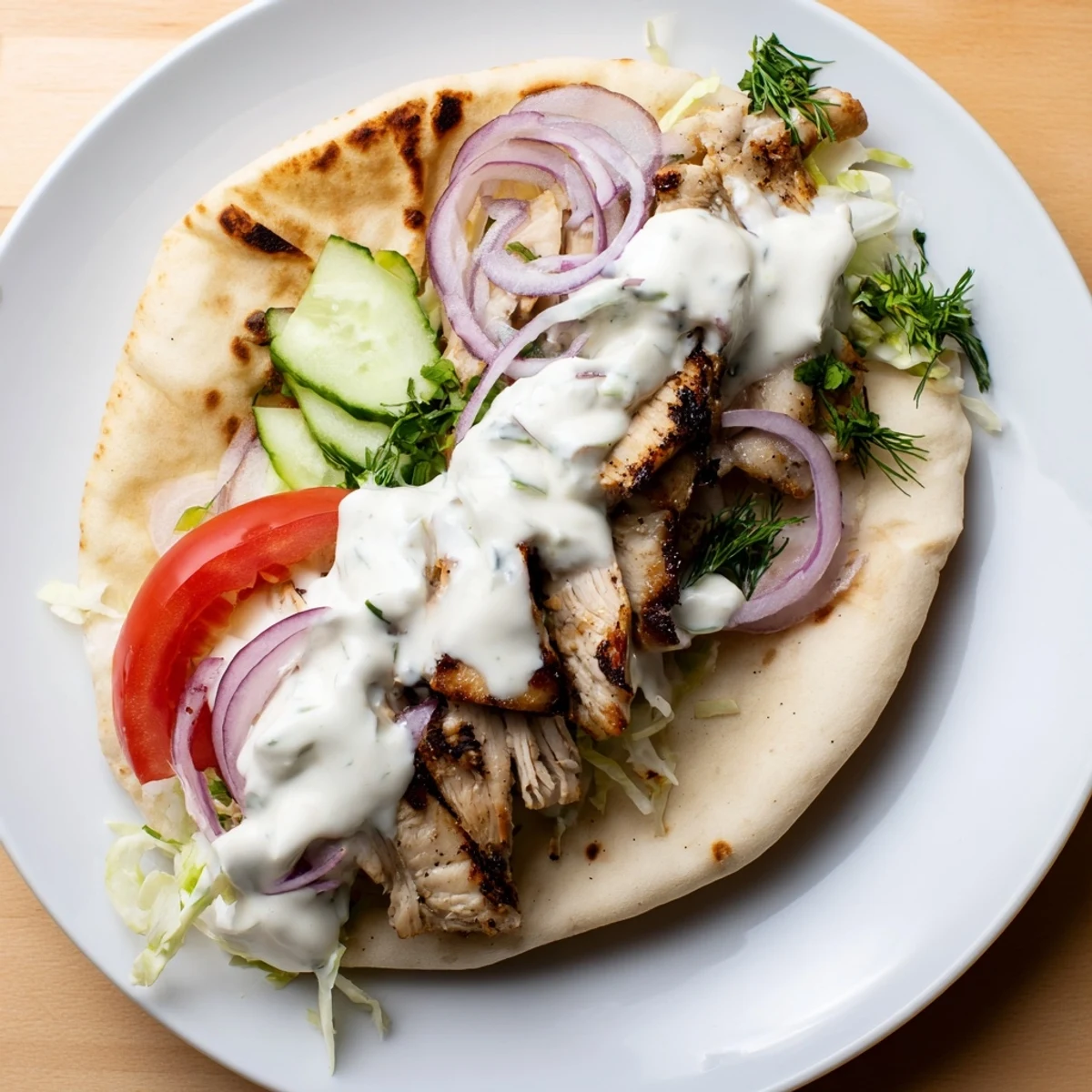 Savory Grilled Chicken Gyros With Creamy Garlic Sauce served warm, folded and ready
