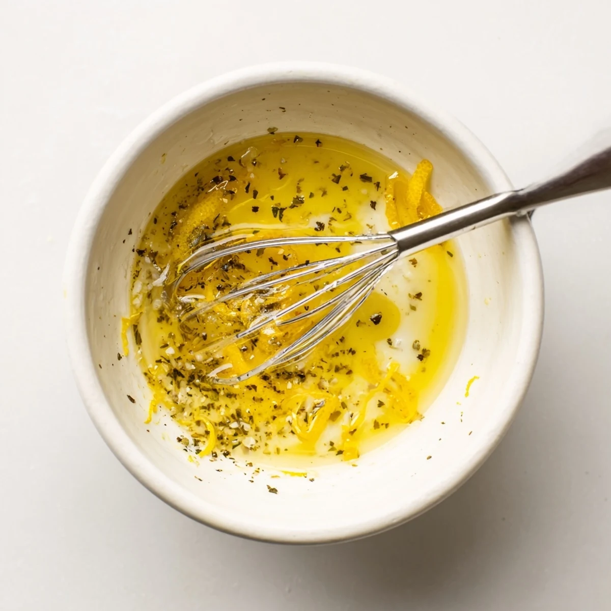 Bright, glossy Ina Garten Lemon Vinaigrette Recipe whisked with fresh herbs  