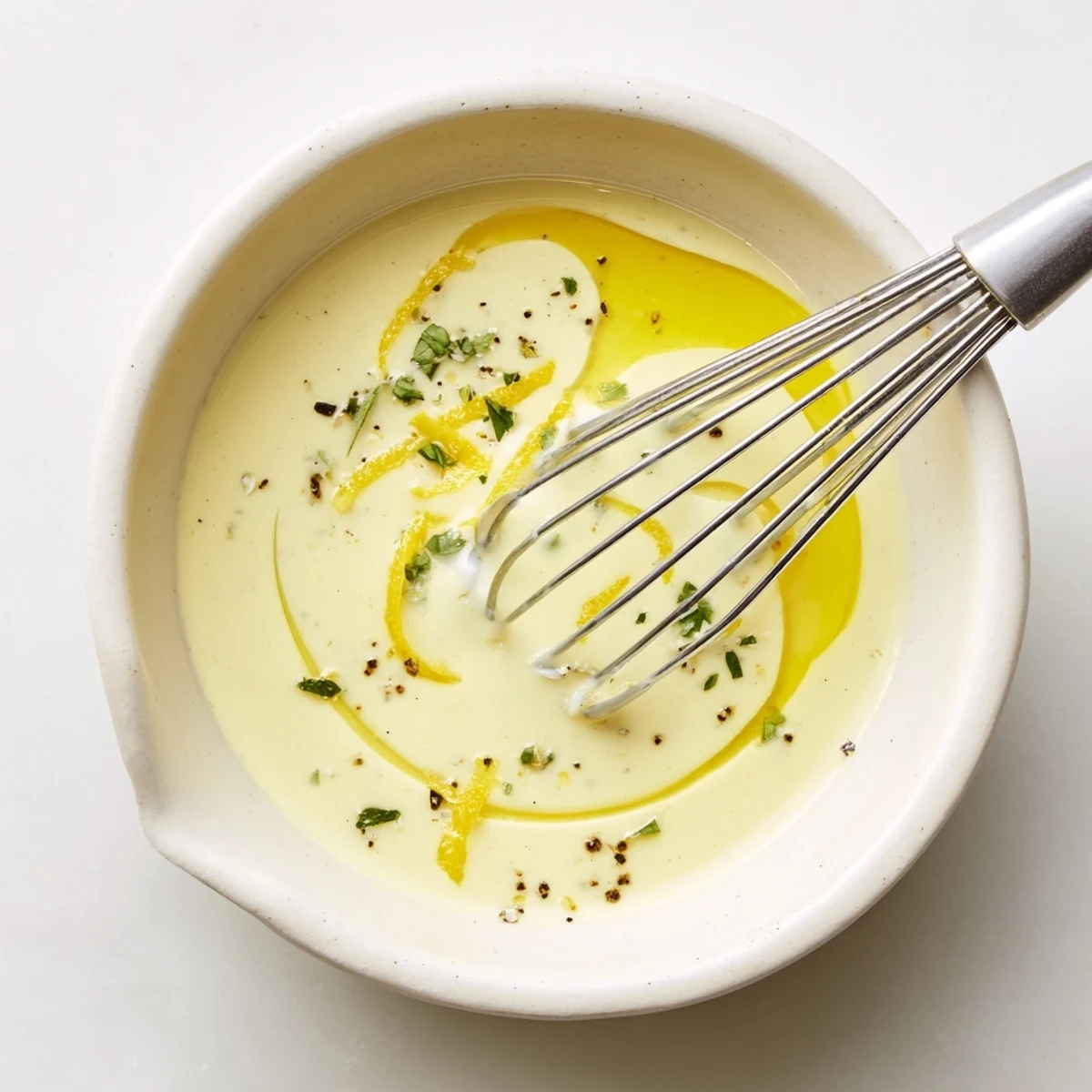 Creamy emulsified Ina Garten Lemon Vinaigrette Recipe drizzled over mixed greens  