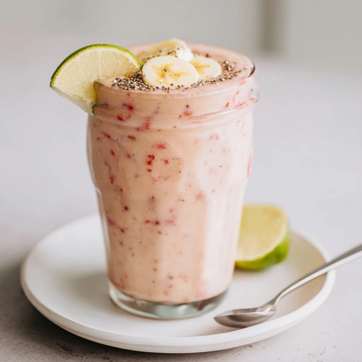Creamy Banana Strawberry Pineapple Smoothie in a glass, garnished with mint