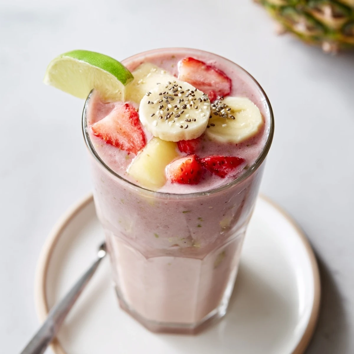 Bright, tangy Banana Strawberry Pineapple Smoothie served with lime wedge and straw