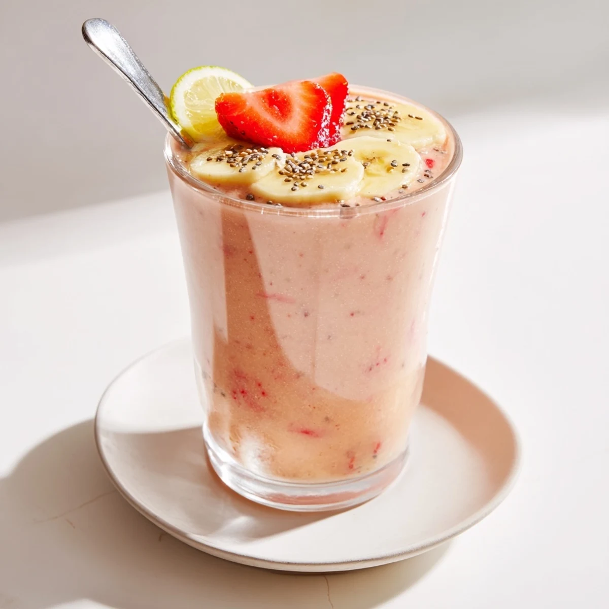 Chilled Banana Strawberry Pineapple Smoothie poured into jar, bright tropical aroma