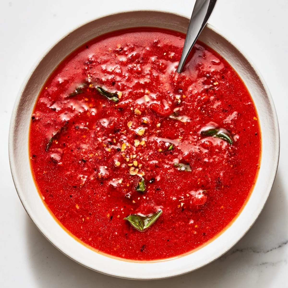 Bright Tomato Basil Vinaigrette drizzled over mixed greens, fragrant basil aroma