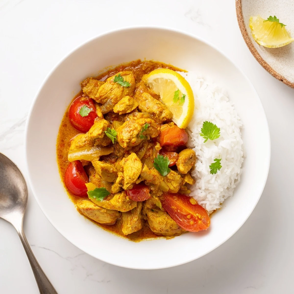 A bowl of Heavenly Homemade Indian Chicken Curry, creamy, spiced, ready to serve