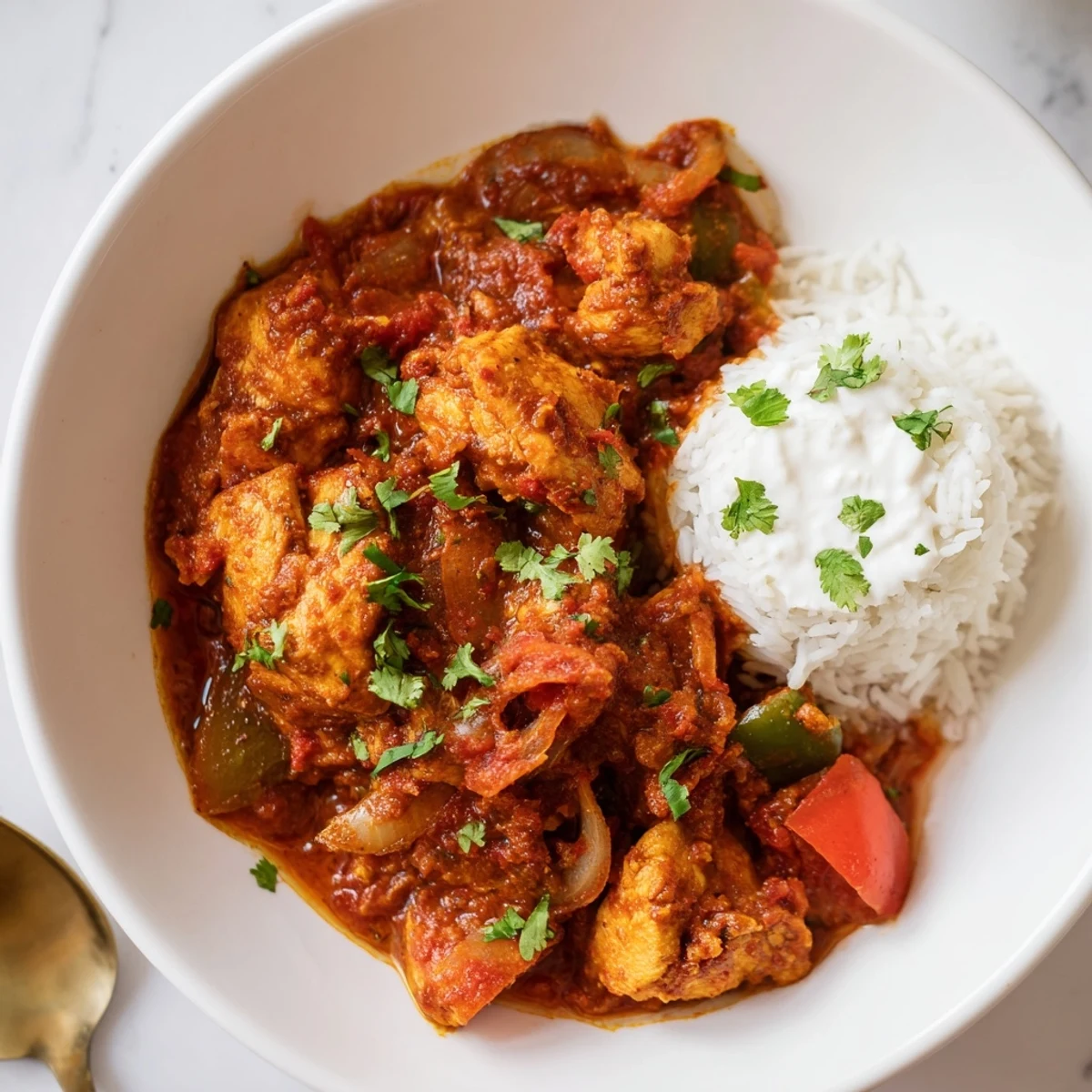 Heavenly Homemade Indian Chicken Curry steaming over rice, fragrant cilantro garnish