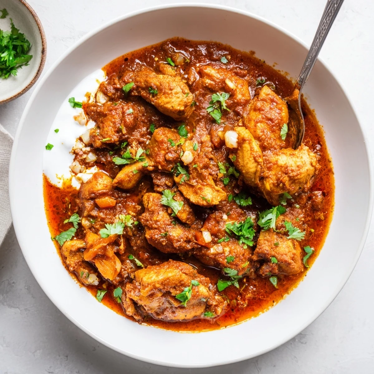 Spoon lifting Heavenly Homemade Indian Chicken Curry, tender chicken in rich sauce