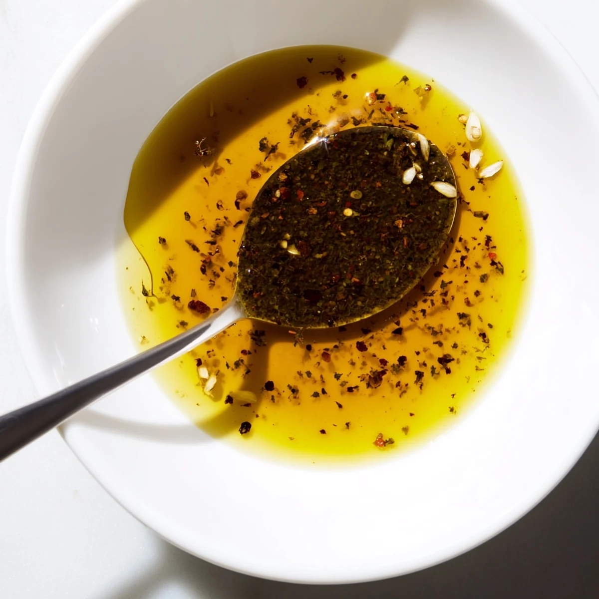 Zesty Italian Vinaigrette glistening with olive oil, garlic, herbs over greens.