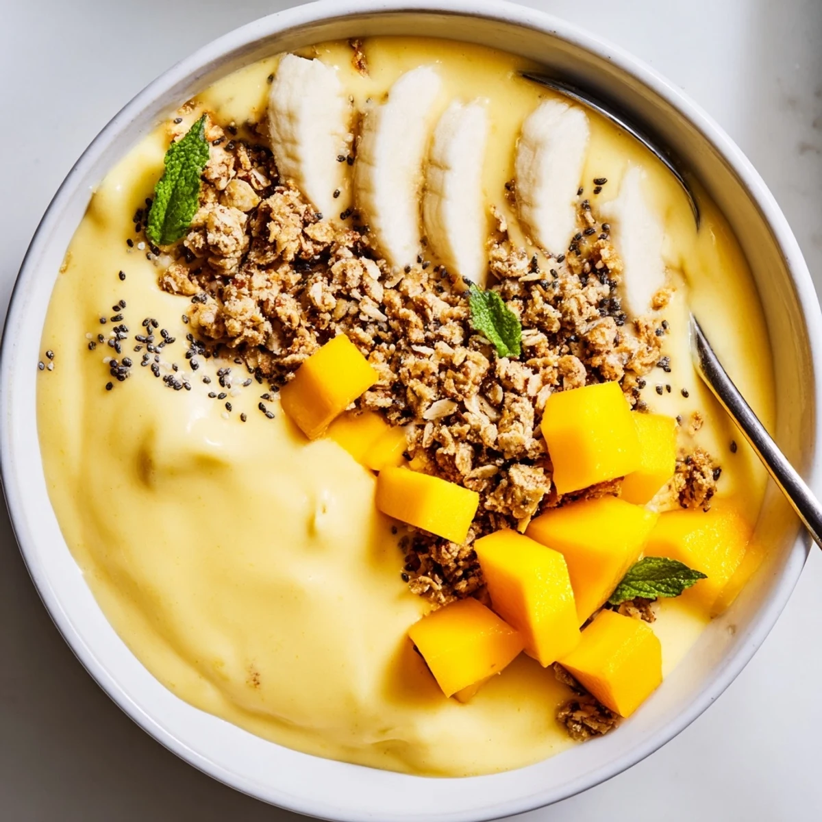 Bright Iced Mango Lassi Smoothie Bowl served in bowls, spoon ready.