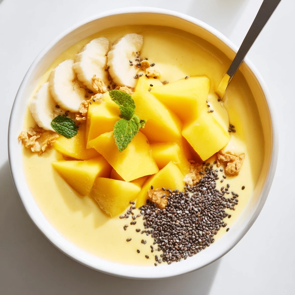 Iced Mango Lassi Smoothie Bowl with creamy yogurt, diced mango and mint.