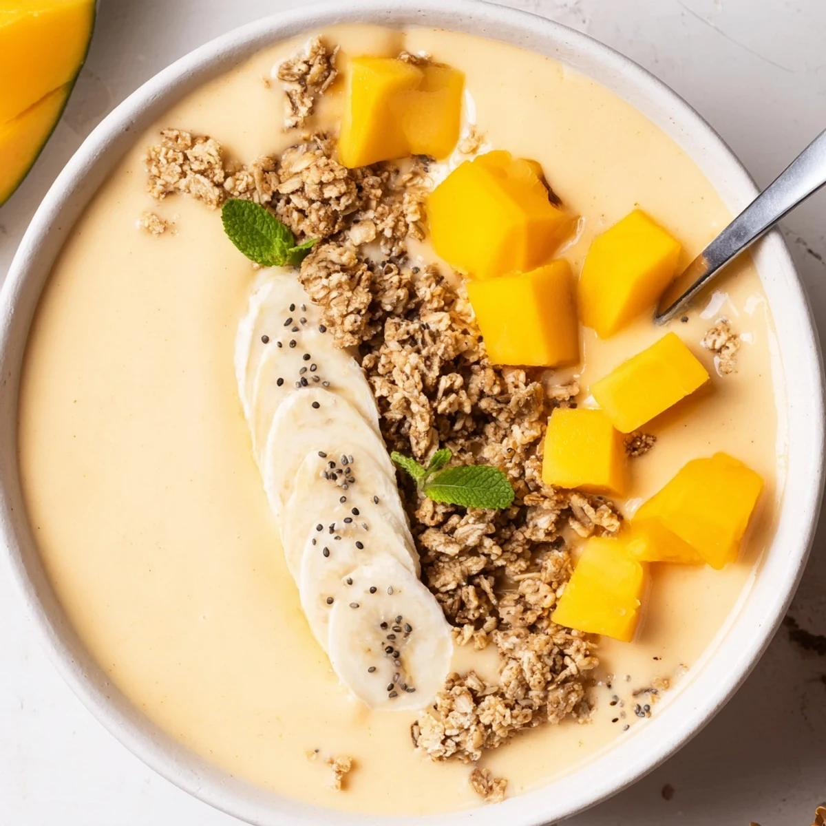 Fresh Iced Mango Lassi Smoothie Bowl sprinkled with toasted coconut, refreshing cardamom aroma.