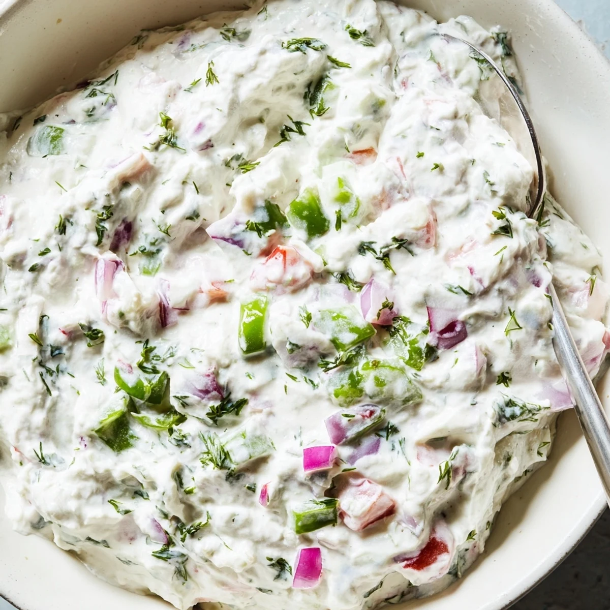 White bowl filled with tangy Grillos Pickle De Gallo Ranch Dip garnished with fresh green onions