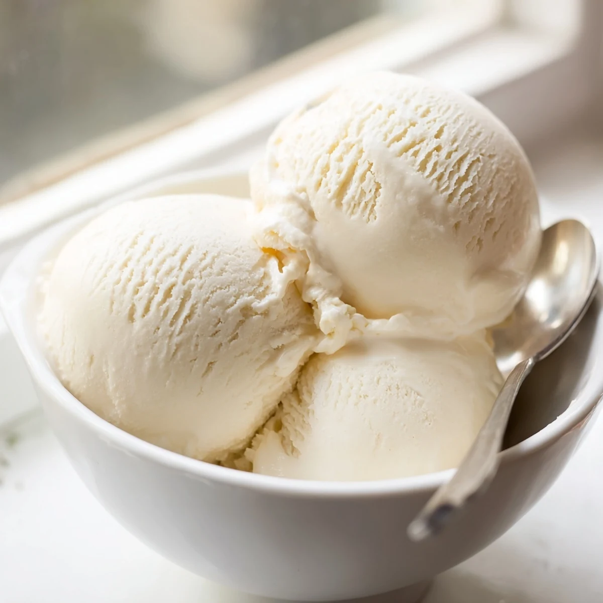 Creamy homemade vanilla ice cream scooped into a glass bowl topped with fresh berries
