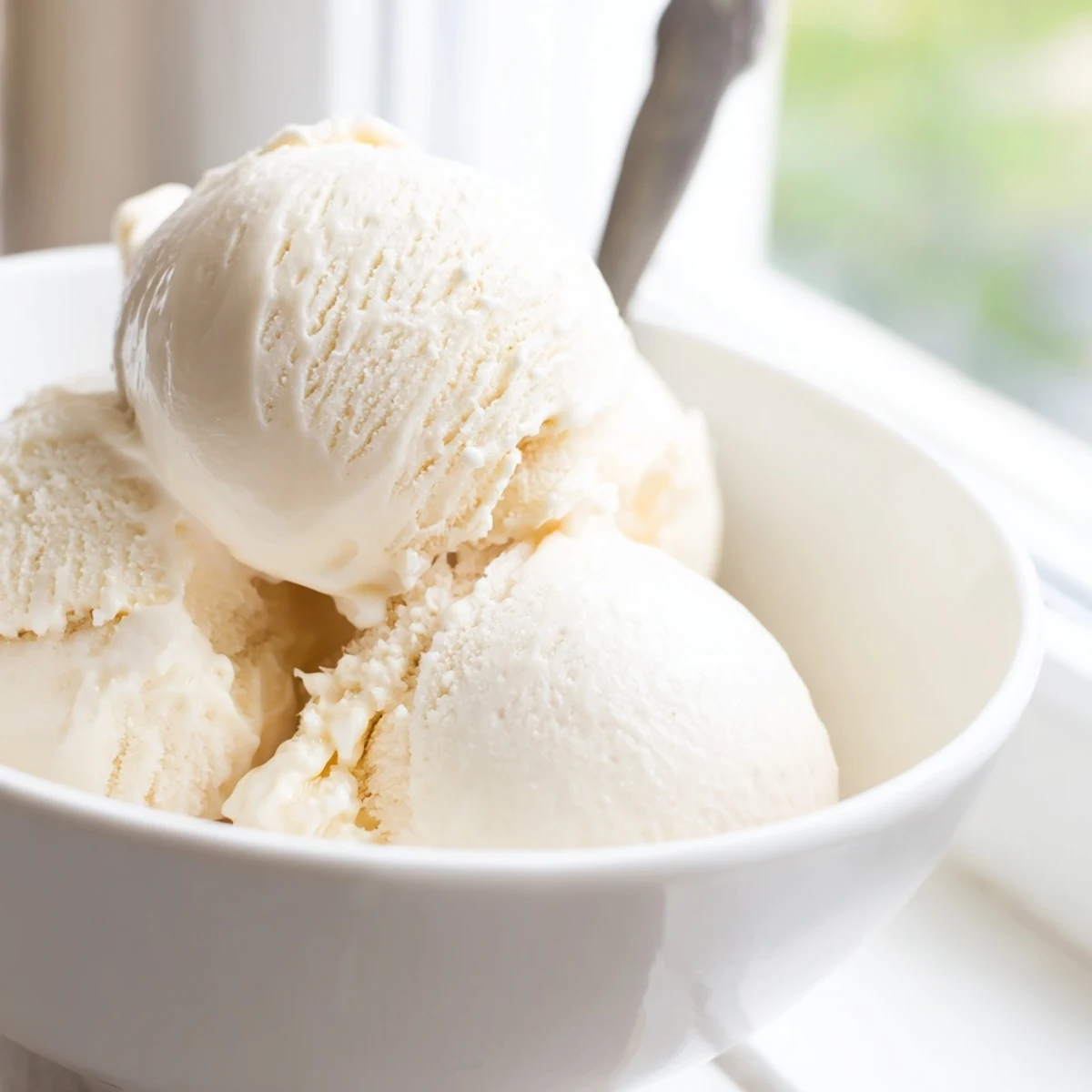 Rich custard-based vanilla ice cream churned to smooth perfection in a vintage metal container