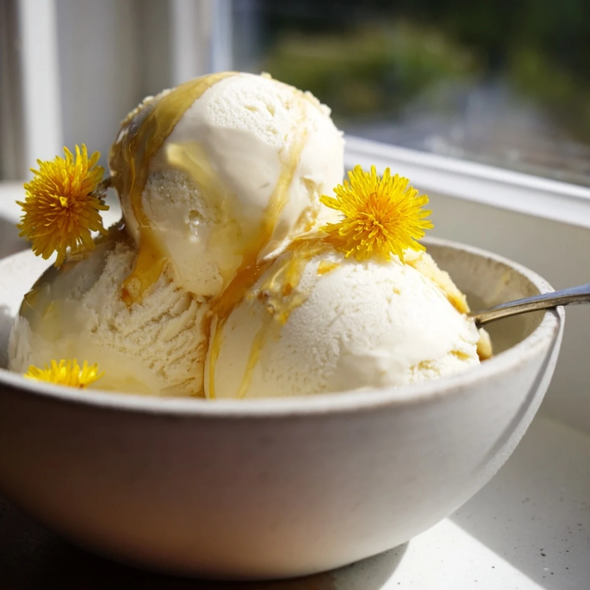 Creamy dandelion honey ice cream scooped into a bowl with golden honey drizzle