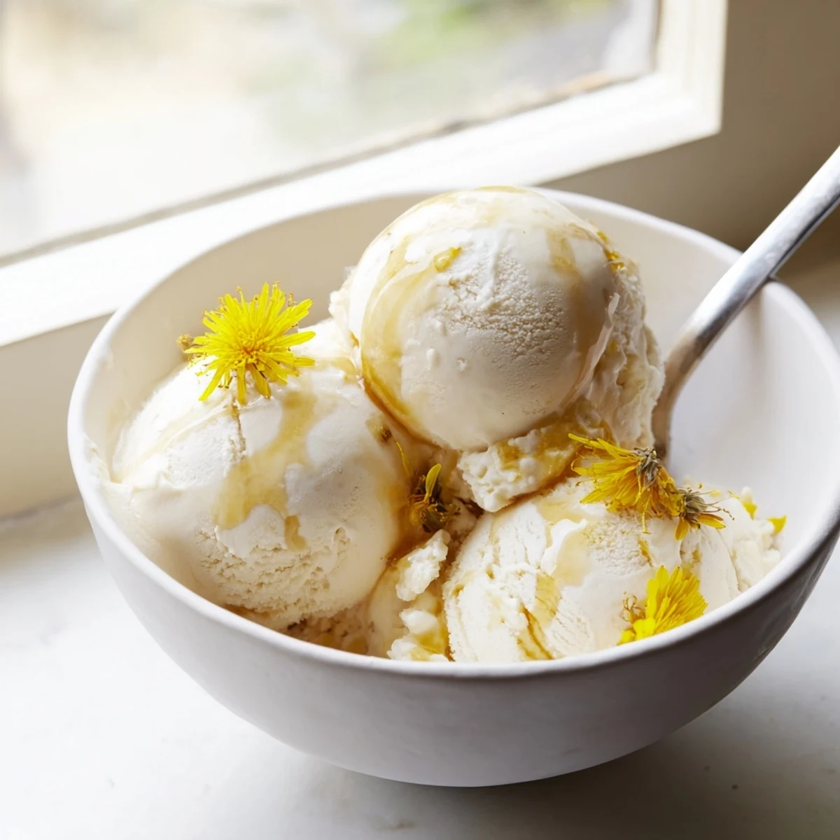 Golden scoop of homemade dandelion honey ice cream topped with fresh yellow petals