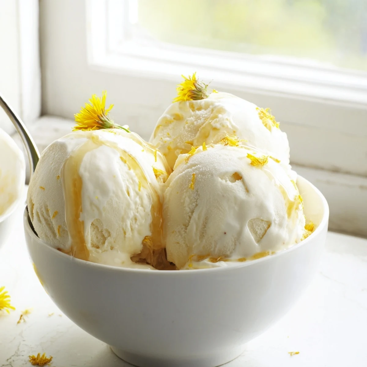 Floral dandelion honey ice cream served in chilled glass bowl with honey swirl