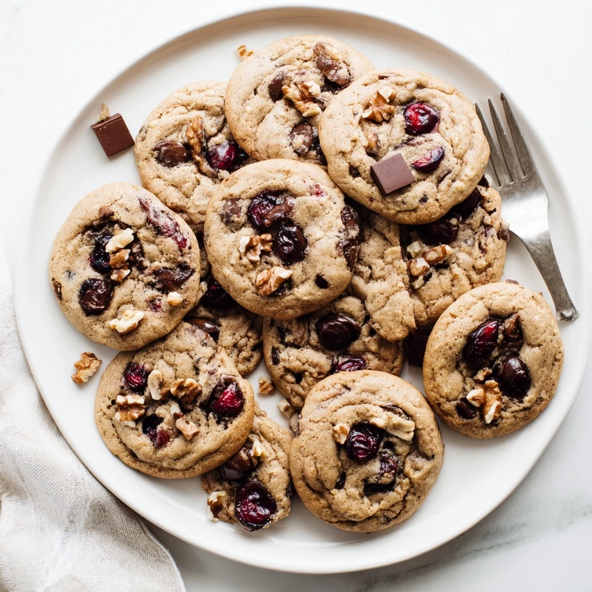 Soft golden maraschino cherry chocolate chip cookies on a white wire cooling rack