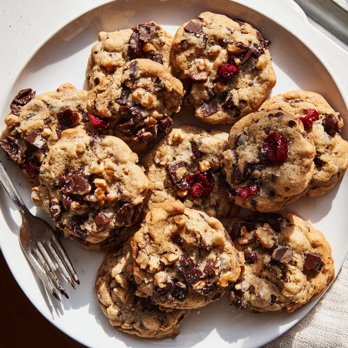 Stack of chewy maraschino cherry chocolate chip cookies on a wooden cutting board