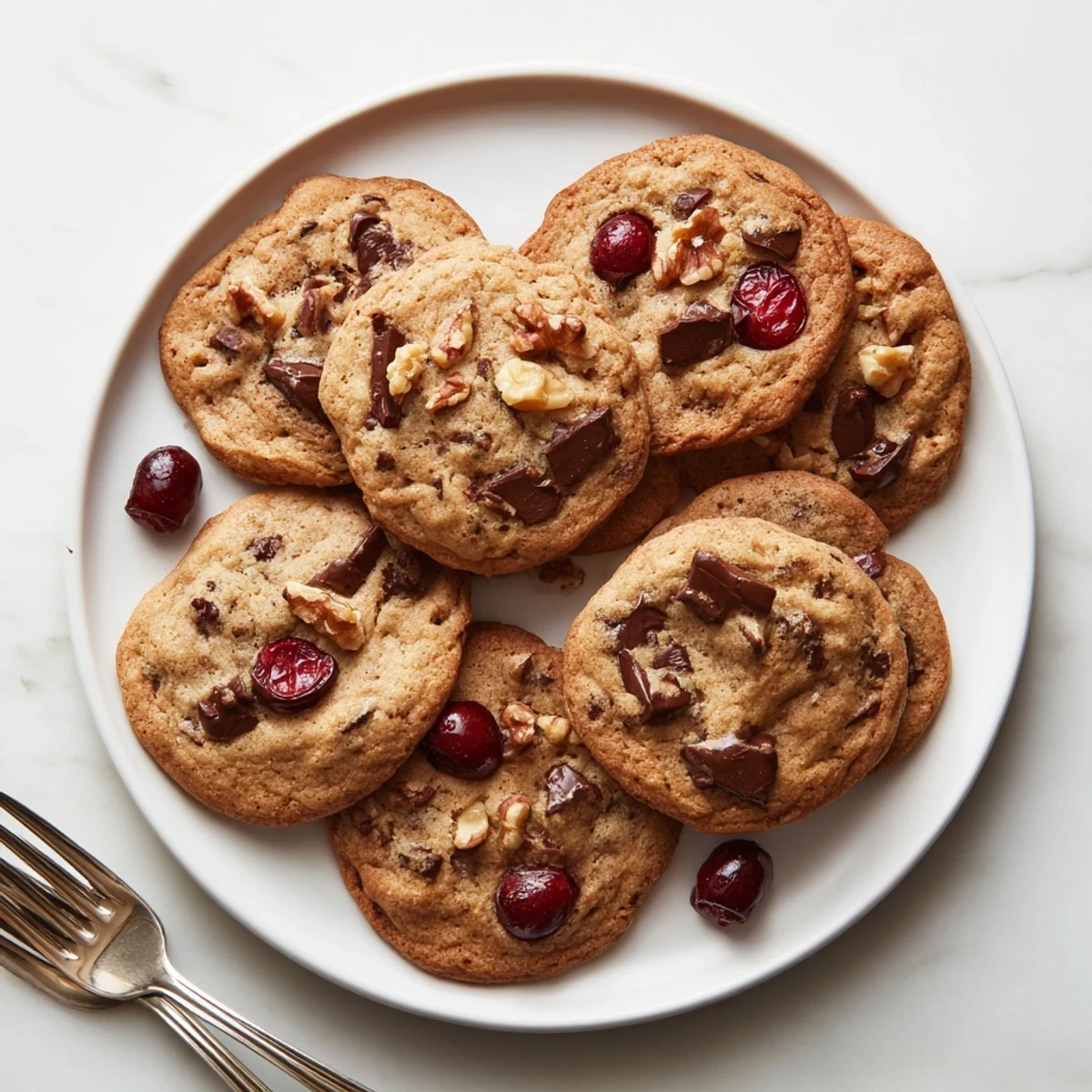 Freshly baked maraschino cherry chocolate chip cookies with melted chocolate chunks and red cherry pieces