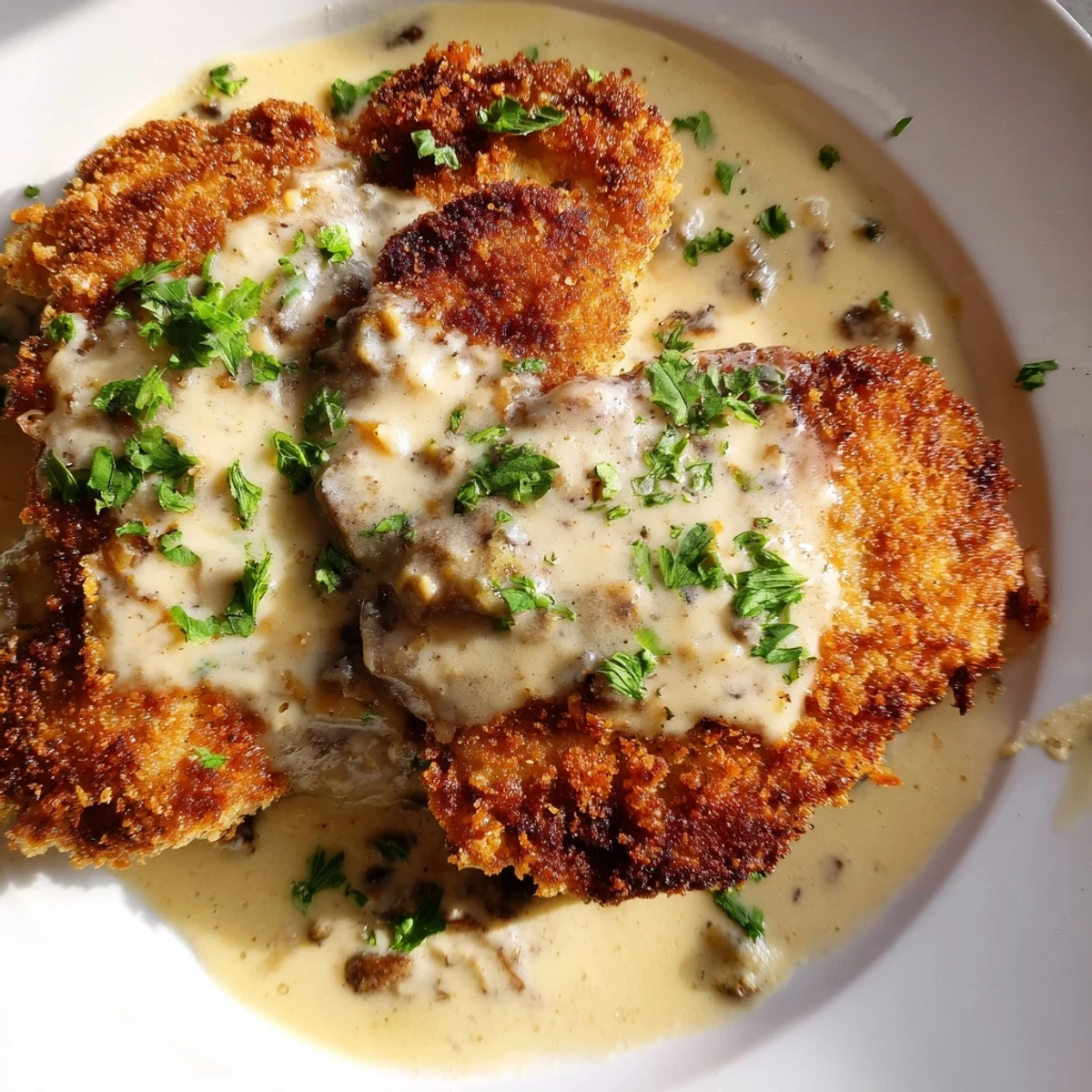 Golden brown crispy chicken breasts drizzled with velvety Parmesan cream sauce garnished with fresh parsley