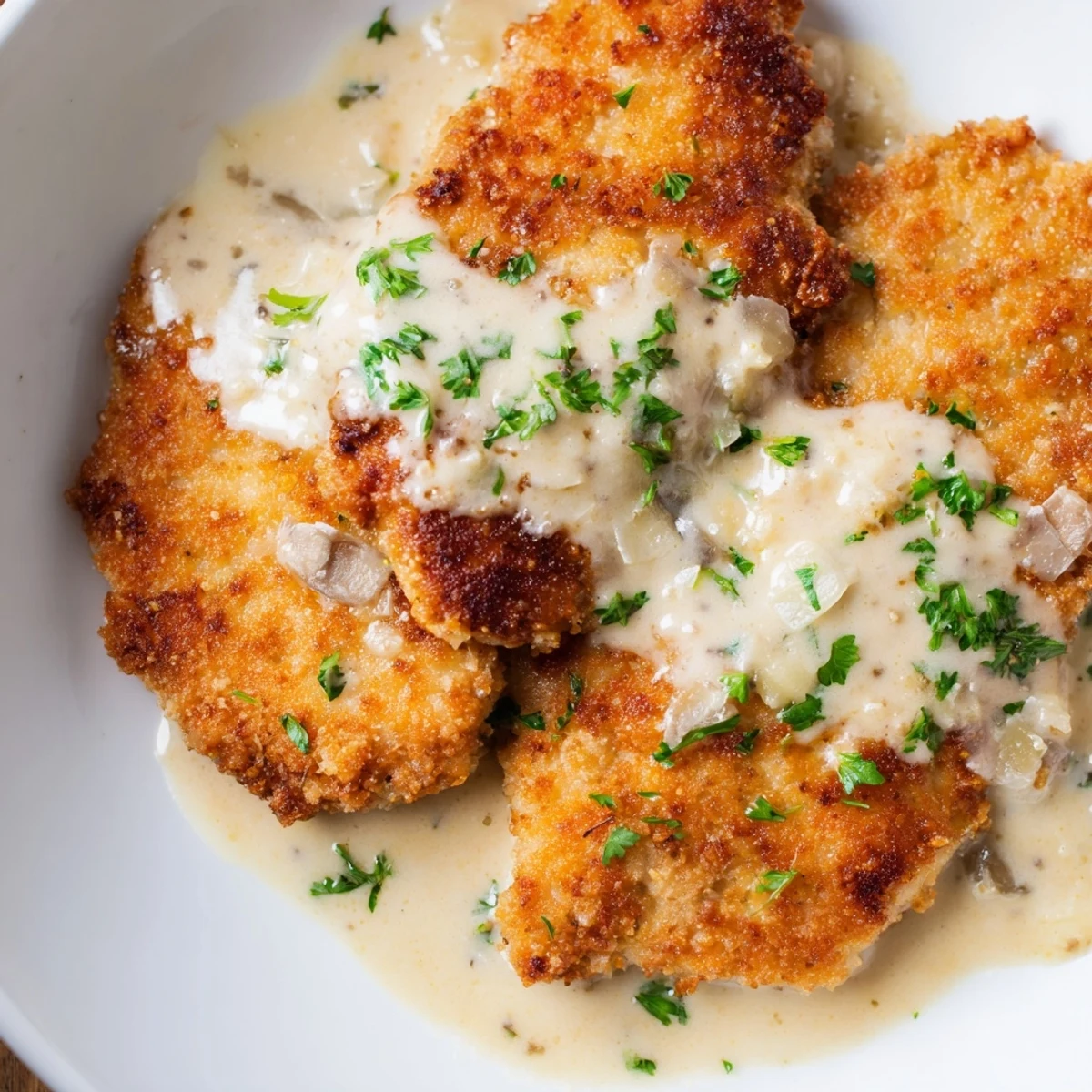 Homemade crispy chicken topped with luscious creamy Parmesan sauce and chopped parsley on a white plate