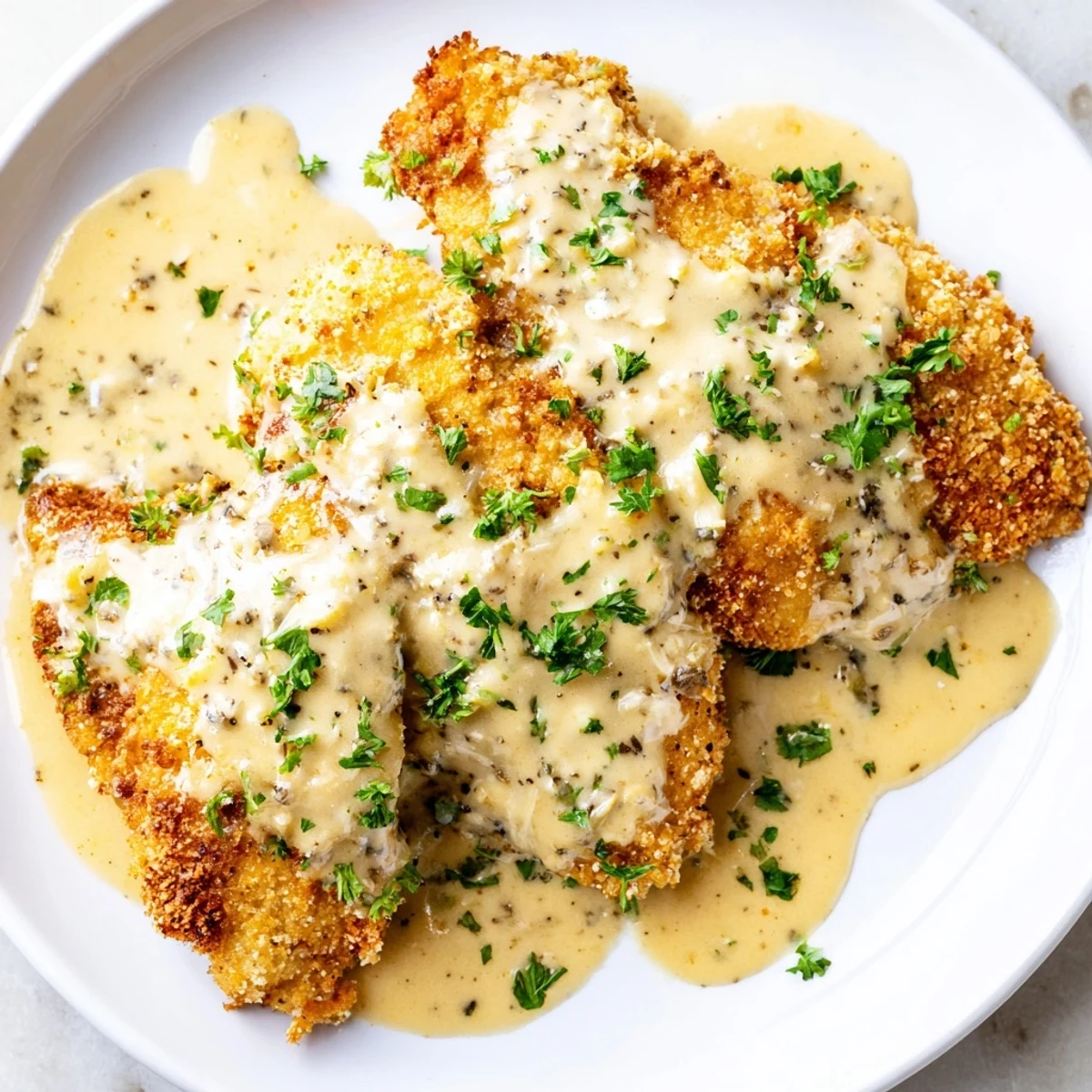Pan-fried chicken with panko breadcrumb coating served over rich white garlic cream sauce