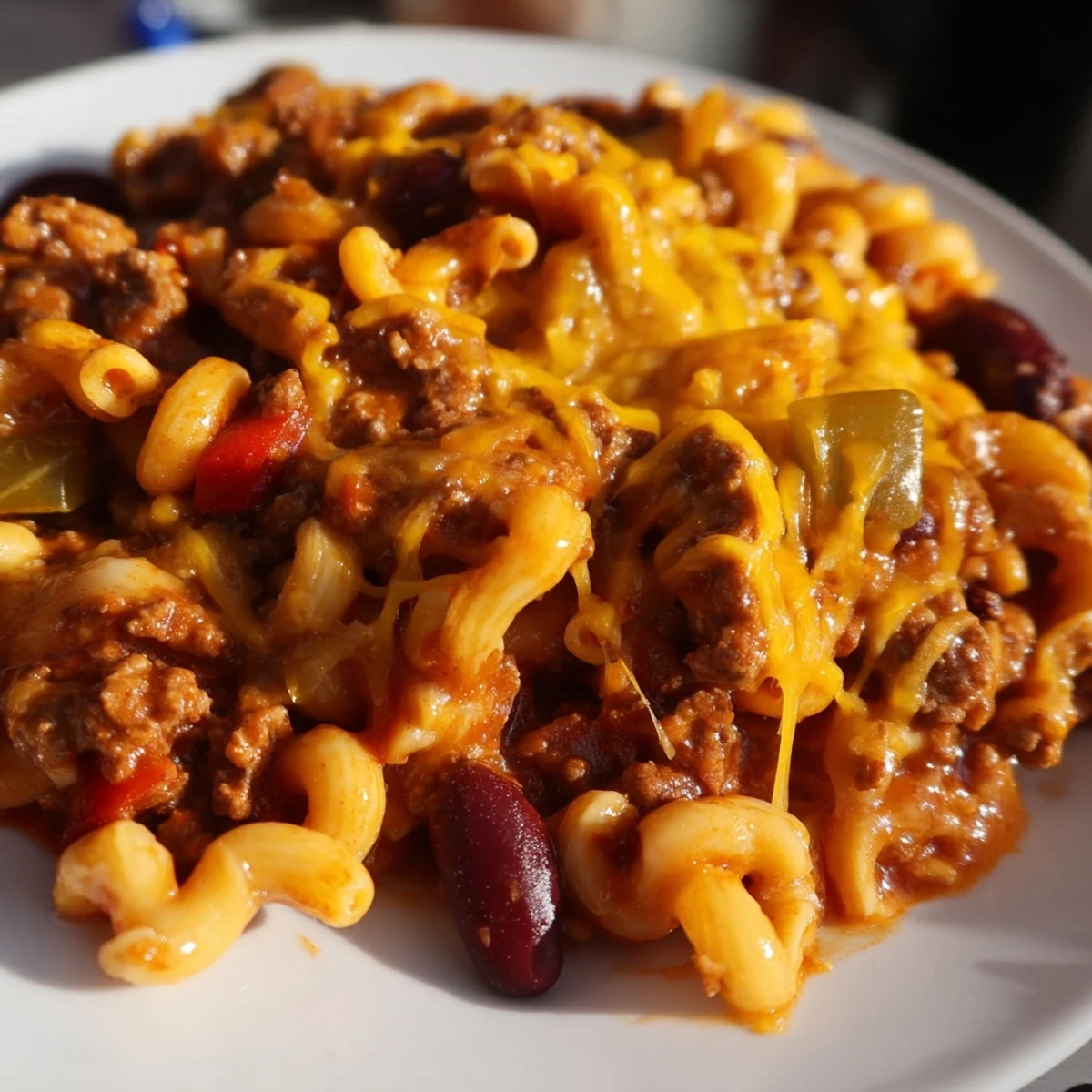 Creamy chili mac and cheese bubbling with melted cheddar and hearty beef in a pot