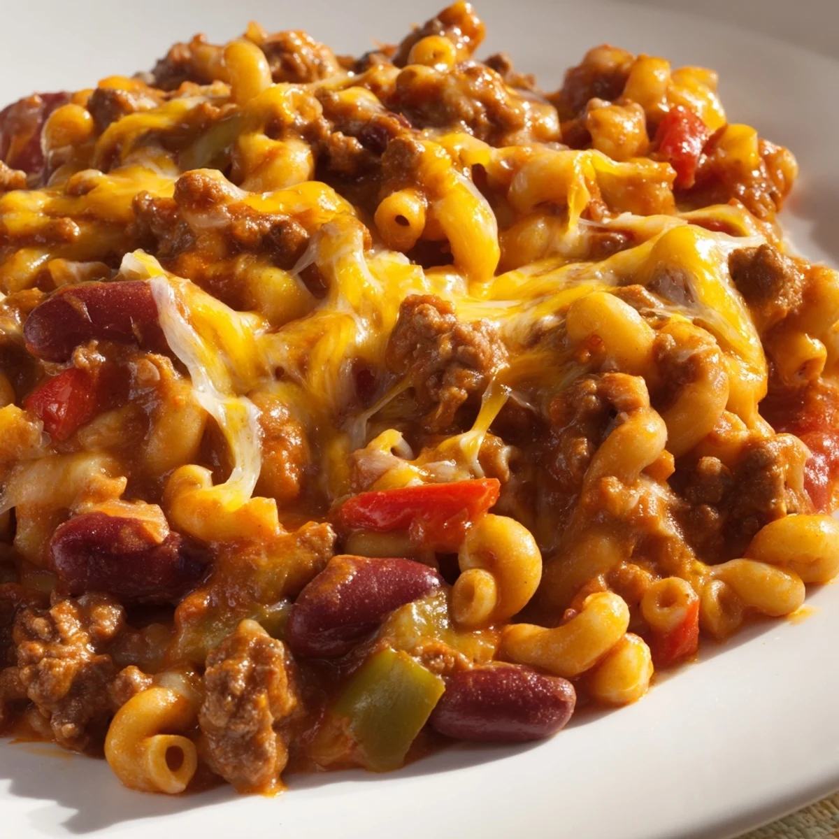 Comforting one-pot chili mac and cheese featuring tender pasta kidney beans and seasoned ground beef