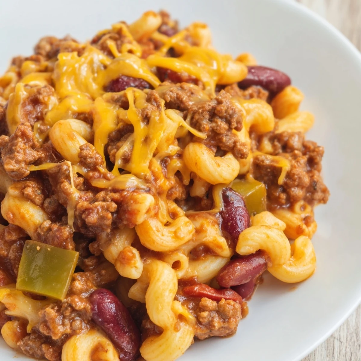 Hearty bowl of chili mac and cheese topped with extra shredded cheese and green onions