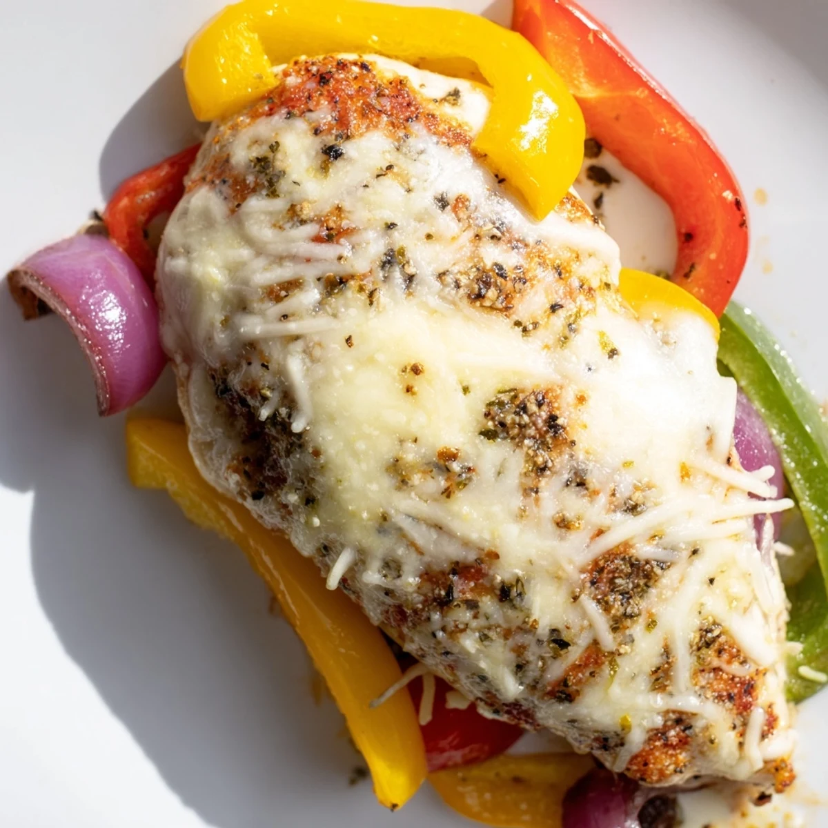 Golden cheesy baked chicken breast resting atop colorful roasted bell peppers and onions