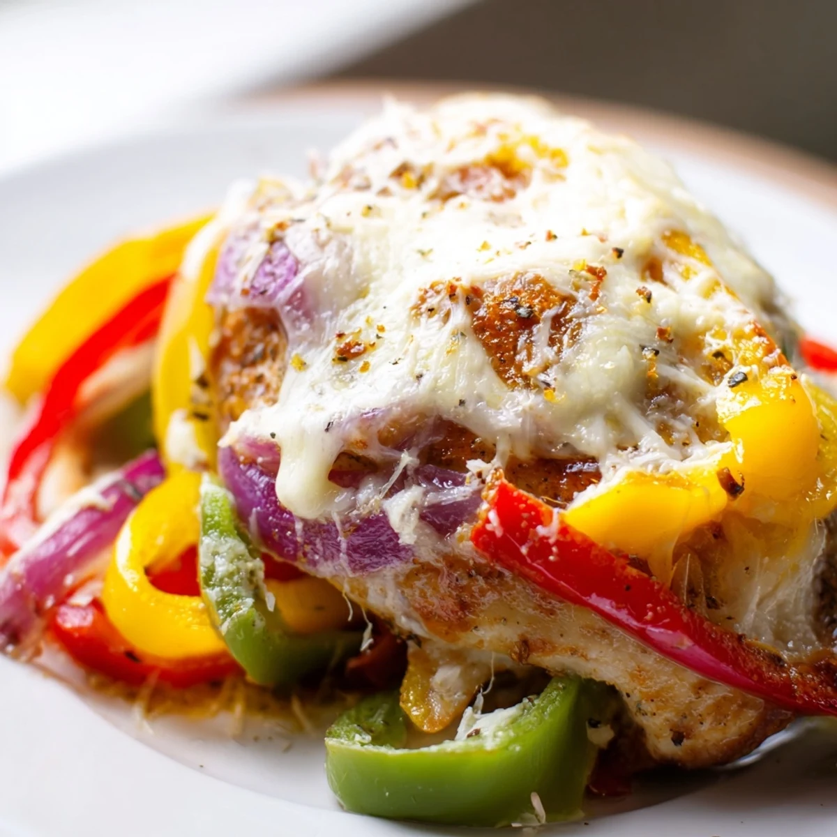Melted mozzarella and Parmesan cover tender chicken breasts baked with vibrant multicolored pepper slices